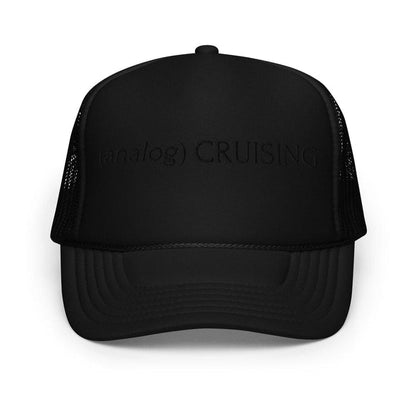black foam trucker hat with (analog) CRUISING black embroidery, ghost front view, Leo Herrera x Adam's Nest Provincetown