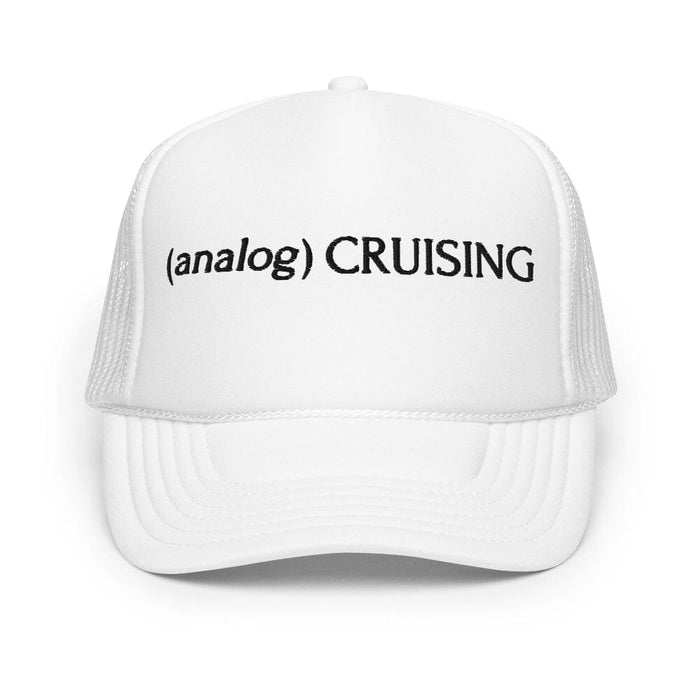white foam trucker hat with (analog) CRUISING black embroidery, ghost front view, Leo Herrera x Adam's Nest Provincetown