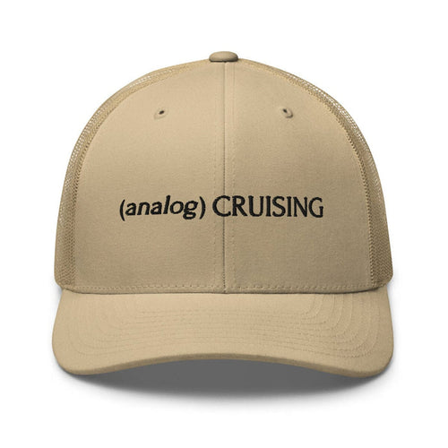 Leo Herrera (analog) CRUISING retro trucker hat in khaki with black embroidery, front view on white background