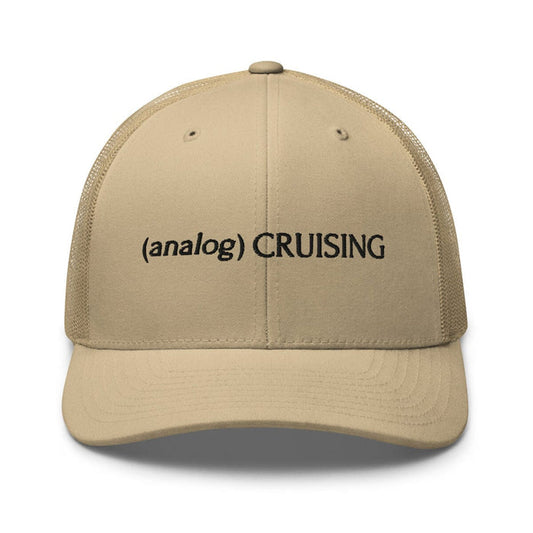 Leo Herrera (analog) CRUISING retro trucker hat in khaki with black embroidery, front view on white background