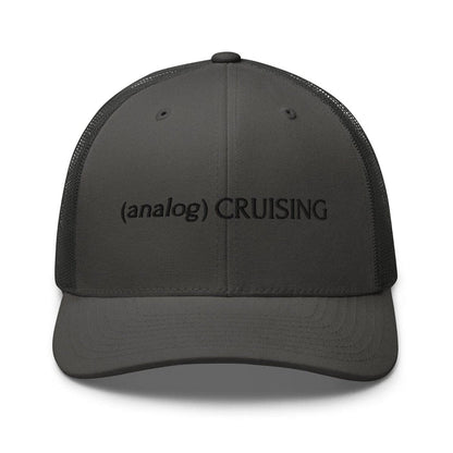 Leo Herrera (analog) CRUISING retro trucker hat in charcoal with black embroidery, front view on white background