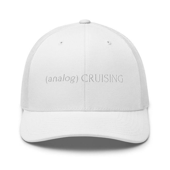 Leo Herrera (analog) CRUISING retro trucker hat in white with white embroidery, front view on white background
