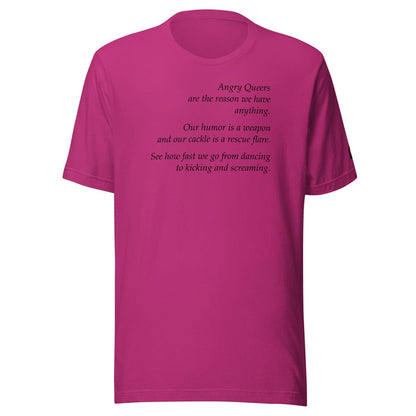 Berry unisex t-shirt with Angry Queers poem by Leo Herrera in black text, ghost mannequin front view, Adam's Nest Provincetown