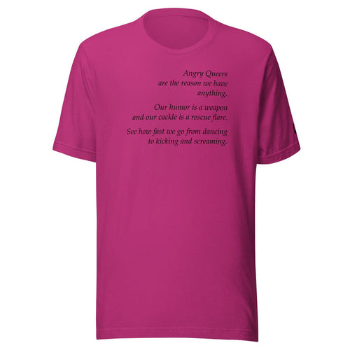 Berry unisex t-shirt with Angry Queers poem by Leo Herrera in black text, ghost mannequin front view, Adam's Nest Provincetown