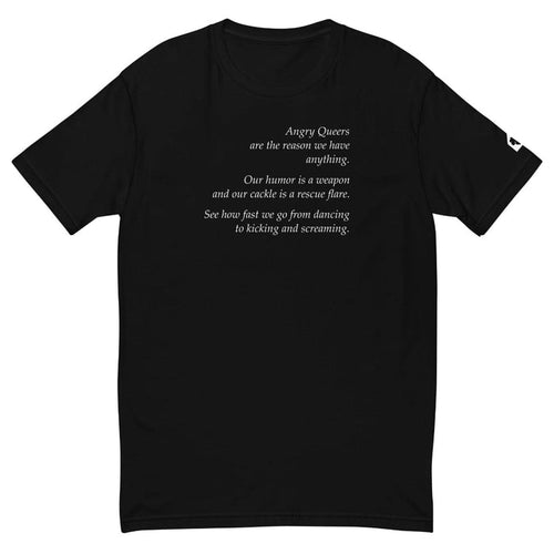 Black Angry Queers fitted t-shirt flatlay with camera and sneakers, Leo Herrera x Adam's Nest Provincetown limited edition