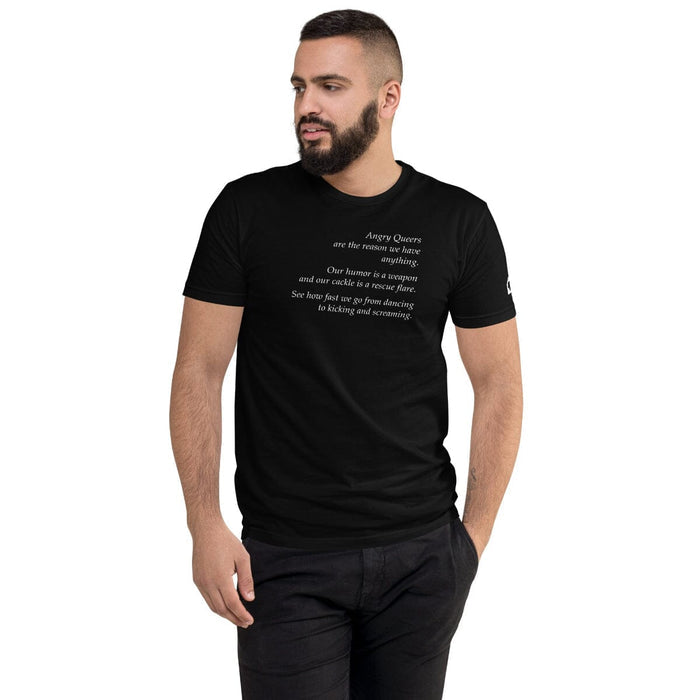 Male model wearing black fitted Leo Herrera Angry Queers t-shirt, side view, Adam's Nest x Leo Herrera collaboration