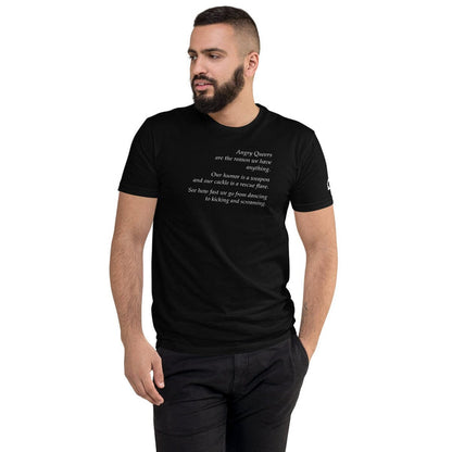 Male model wearing black fitted Leo Herrera Angry Queers t-shirt, side view, Adam's Nest x Leo Herrera collaboration