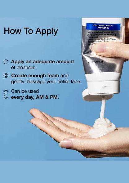 Hand applying cleanser to palm with text on how to use it against a blue background