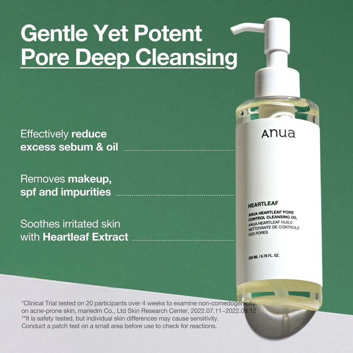 Anua Heartleaf Pore Control Cleansing Oil 200ml for deep cleansing, removing makeup and impurities, soothing with heartleaf extract.