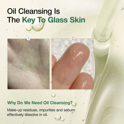 Image showing the oil cleansing process for achieving glass skin, highlighting makeup removal and skin cleansing benefits.