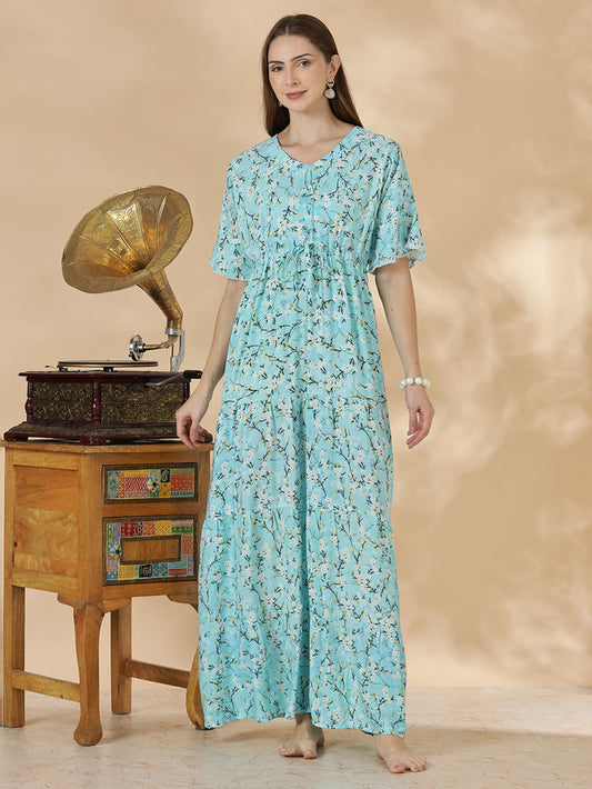 Stylish aqua blue floral rayon lightweight nighty for women