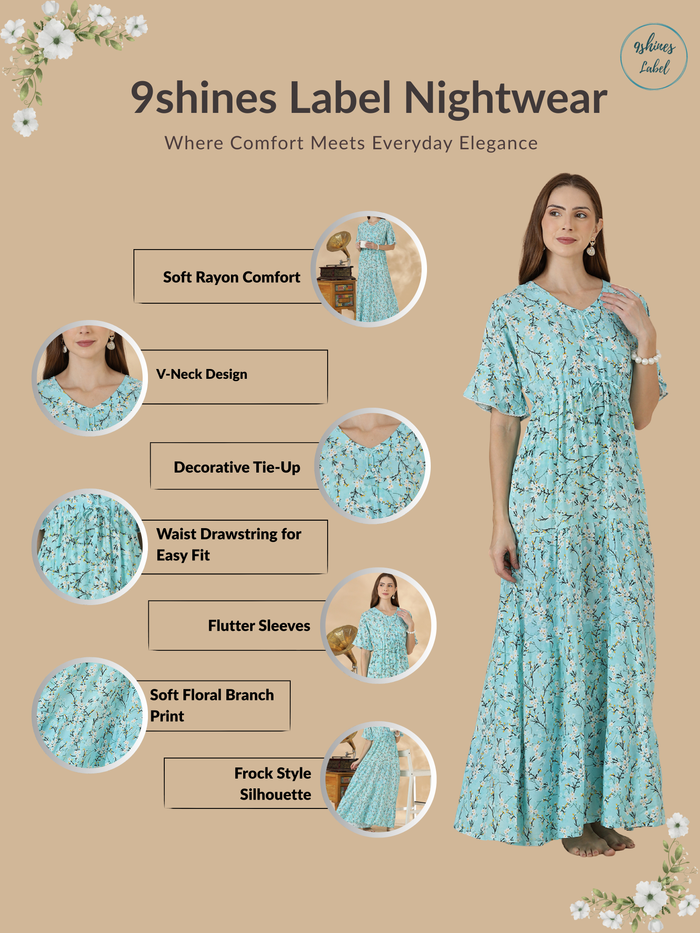 Aqua Floral Rayon Nighty for Women Breathable Flowy Comfort