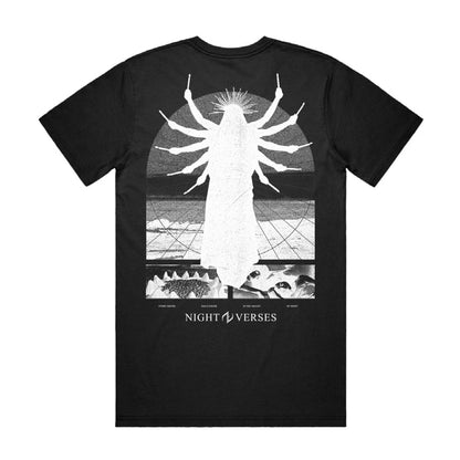 Photo of the back of the shirt. The back of the shirt has an arched window design with the outline of a person inside it. The person has 10 arms, each with a stick in its hand. There is also a spiked crown coming from the person's head.