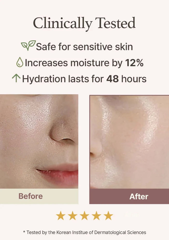 Before and after skin hydration comparison with text on a white background
