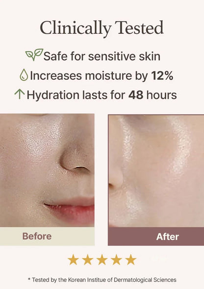 Before and after skin hydration comparison with text on a white background