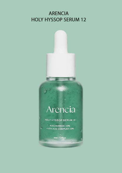 Green serum bottle with white dropper labeled 'Arencia' on a light green background