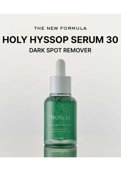 Green serum bottle with dropper labeled 'Arencia Holy Hyssop Serum 30' on a white background