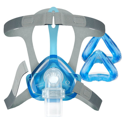 Blue and gray CPAP mask with additional parts on a white background