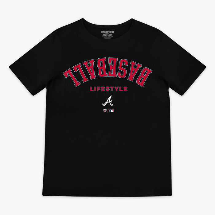 Black youth graphic tee with "Atlanta Braves Upside Down" design — front view