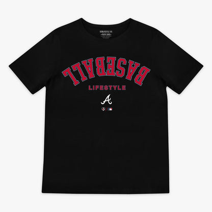 Black youth graphic tee with "Atlanta Braves Upside Down" design — front view