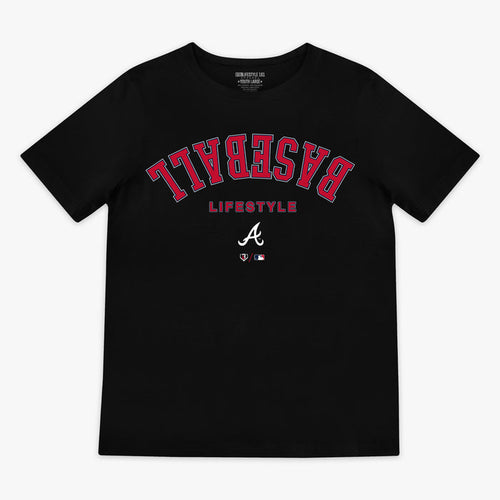 Black youth graphic tee with "Atlanta Braves Upside Down" design — front view