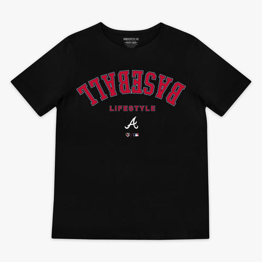 Black youth graphic tee with "Atlanta Braves Upside Down" design — front view