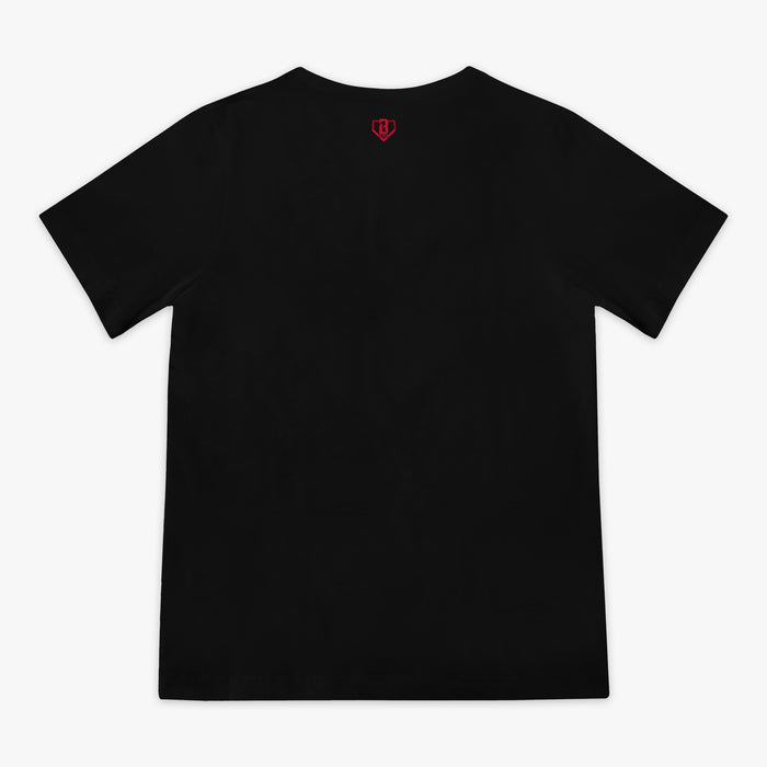 Black youth graphic tee with "Atlanta Braves Upside Down" design — back view