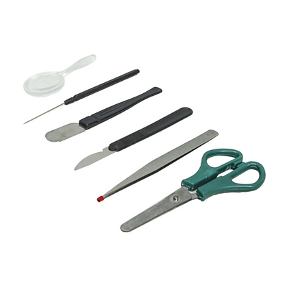 Basic Beginners Dissection Tool Kit Anatomy Biology Lab (Needle, Forceps, Spatula, Scalpel, Scissors, Magnifier), SKU MA12101101, three quarter front view