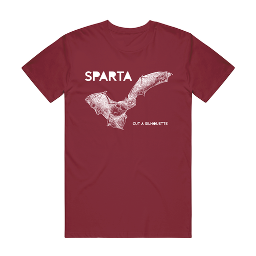 The Sparta Maroon Comfort Colors T-Shirt is made from soft, ring-spun cotton and showcases a white bat line drawing in flight, with “SPARTA” above and “CUT A SILHOUETTE” in small text below for a unique look.
