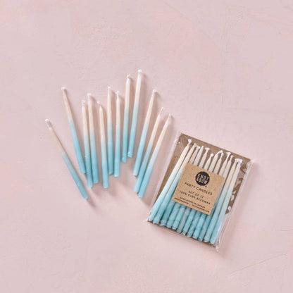 Aqua ombre beeswax party candles set, teal to blue taper candles with white wicks