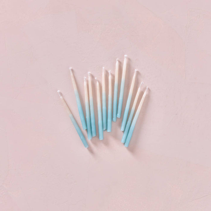 Aqua ombre beeswax party candles, light blue tapered candles with white wicks
