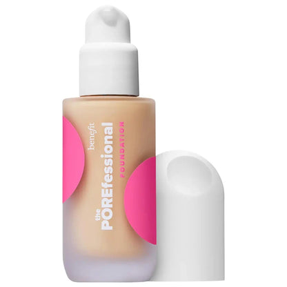 Benefit The POREfessional Smoothing & Blurring Foundation bottle with pump, in various shades, displayed against a neutral background.