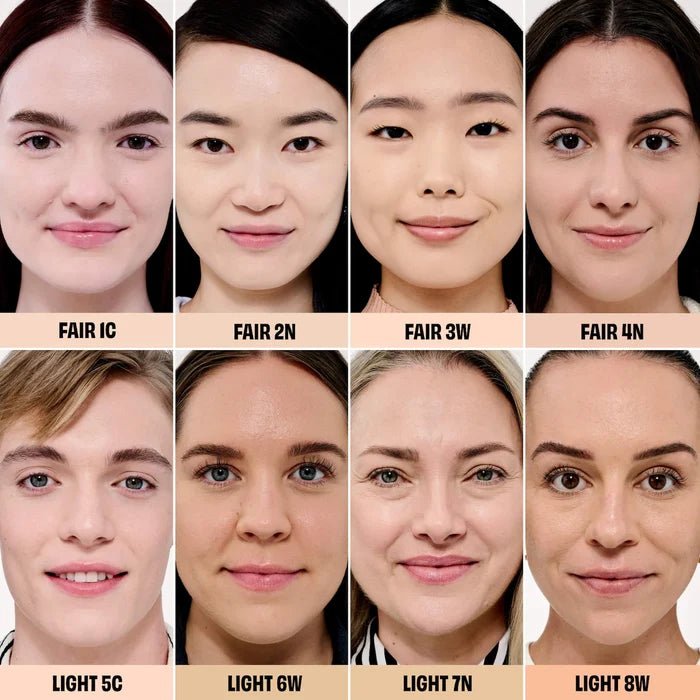 Benefit Cosmetics The POREfessional smoothing and blurring foundation in various shades, close-up of the product packaging.