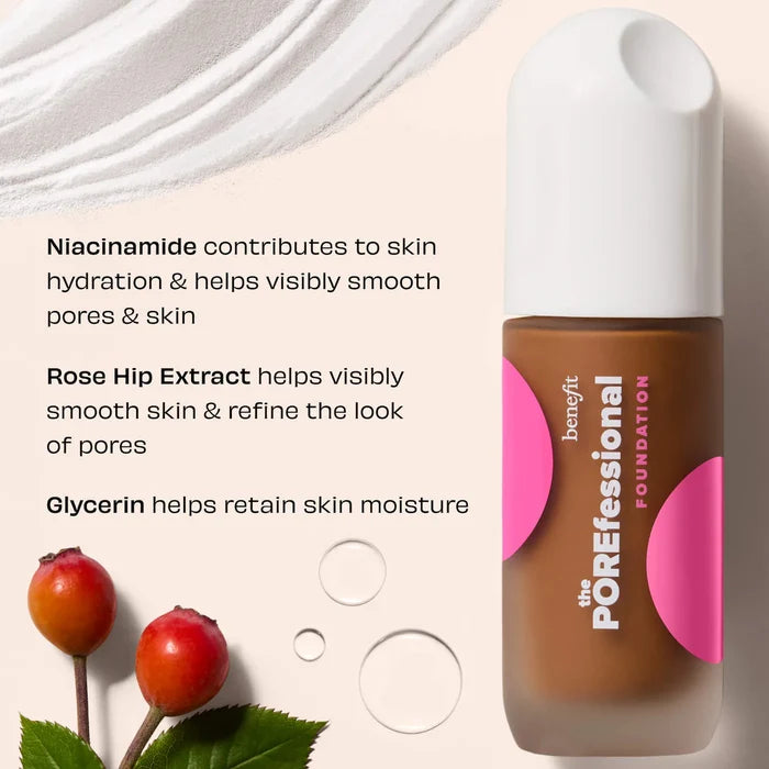 Benefit POREfessional Smoothing & Blurring Foundation in various shades, close-up of the beige liquid foundation in a bottle.