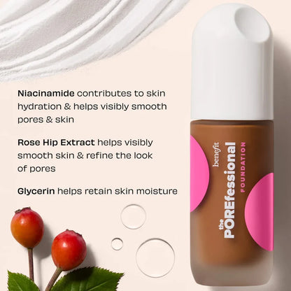 Benefit POREfessional Smoothing & Blurring Foundation in various shades, close-up of the beige liquid foundation in a bottle.