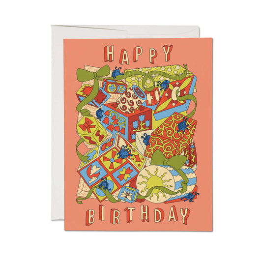 Birthday card with 'Happy Birthday' text and colorful bug collage on orange background