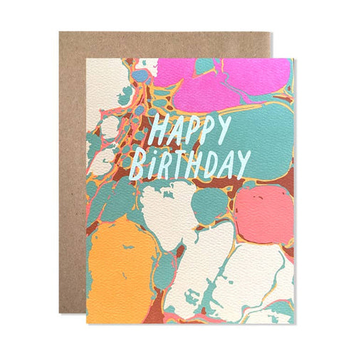 Birthday card with colorful marbled pattern and “HAPPY BIRTHDAY” message