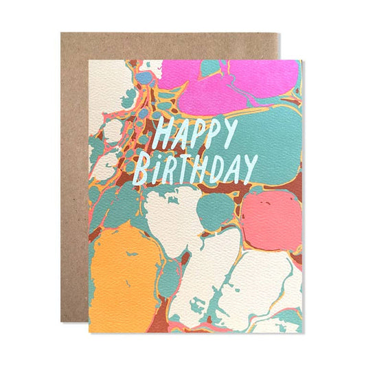 Birthday card with colorful marbled pattern and “HAPPY BIRTHDAY” message