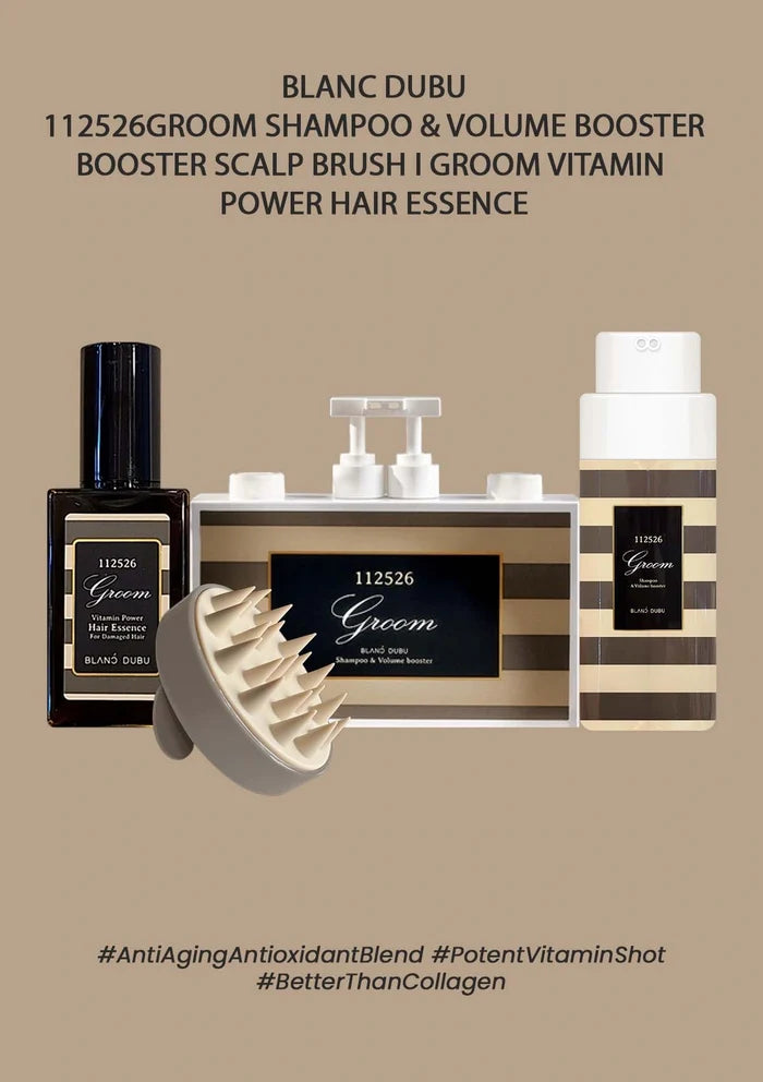 Grooming products including shampoo, volume booster, and scalp brush on a beige background.