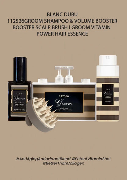 Grooming products including shampoo, volume booster, and scalp brush on a beige background.
