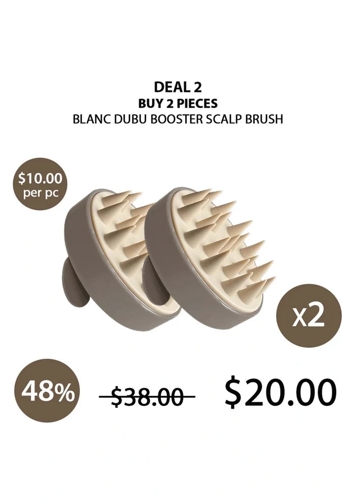 Two Blanc Dubu Booster Scalp Brushes with promotional text on a white background