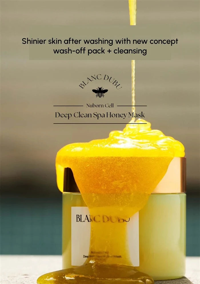 Yellow honey mask with Blanc Dubé branding on a neutral background
