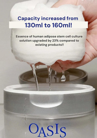 Person pouring a white liquid into a container labeled 'OASIS' with text about capacity increase and product upgrade.