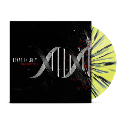 The image displays the Texas In July album Bloodwork. Its cover has a DNA double helix with chemical formulas, and the vinyl features an eye-catching yellow splatter design accented by black streaks.