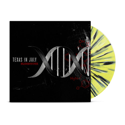 The image displays the Texas In July album Bloodwork. Its cover has a DNA double helix with chemical formulas, and the vinyl features an eye-catching yellow splatter design accented by black streaks.