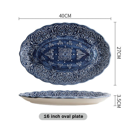 Blue Embossed Dinner Oval Plate