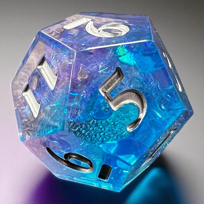 7-piece Blue and Purple Prismatic Dice Set with swirling resin and white numbering, designed for DnD and fantasy RPGs.