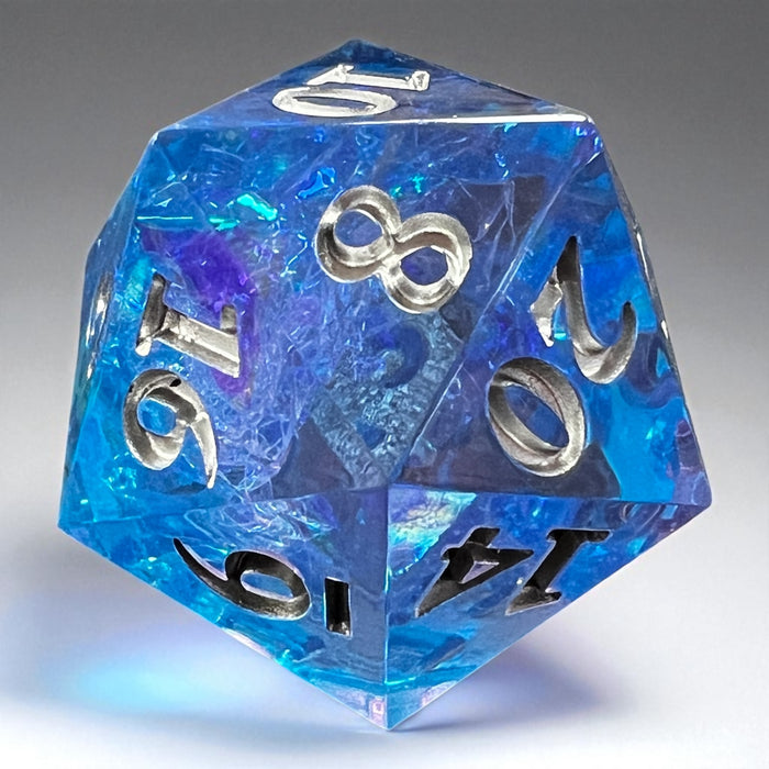 7-piece Blue and Purple Prismatic Dice Set with swirling resin and white numbering, designed for DnD and fantasy RPGs.
