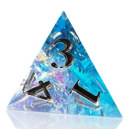 7-piece Blue and Purple Prismatic Dice Set with swirling resin and white numbering, designed for DnD and fantasy RPGs.