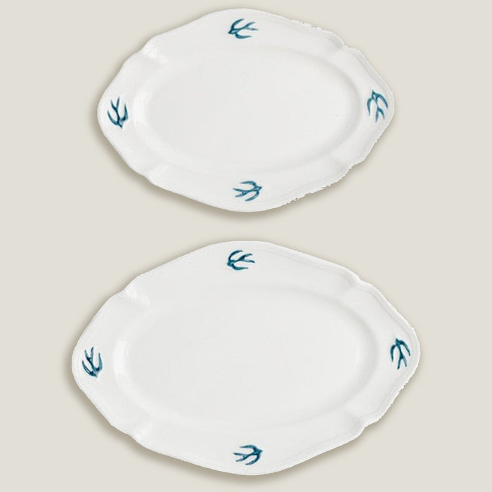 Blue White Bird Oval Dinner Plates